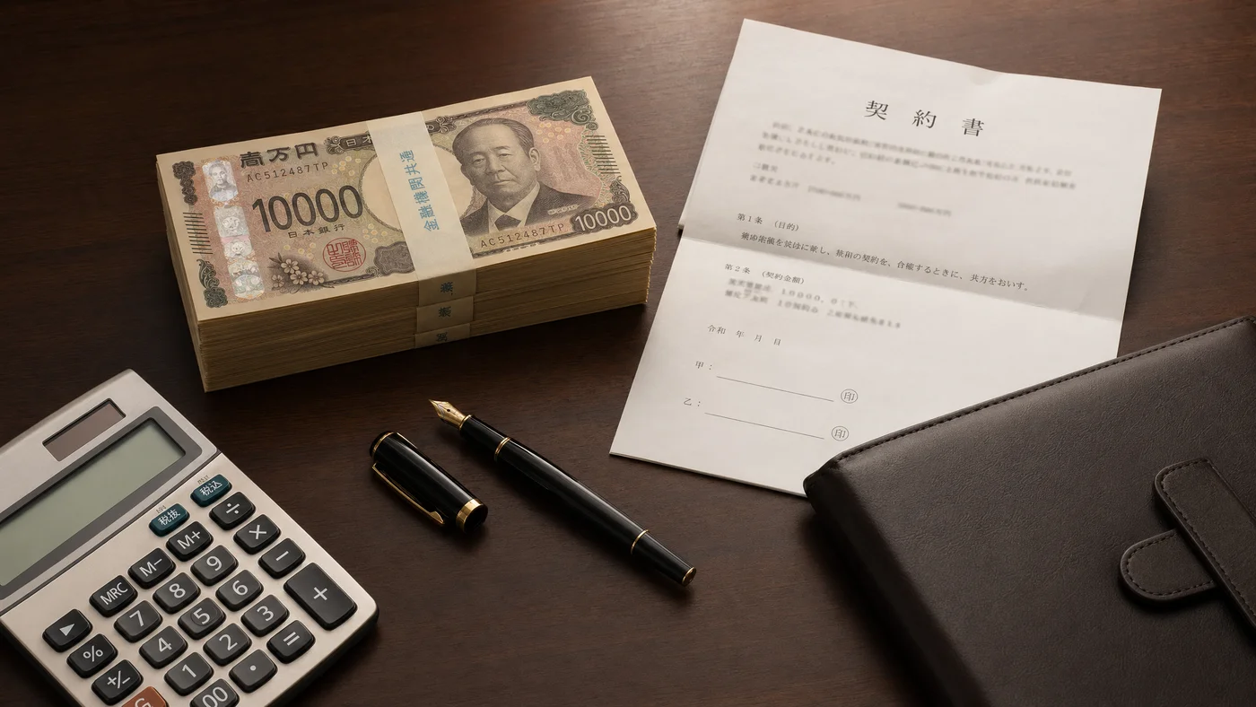 デスクに広げた100万円の札束と契約書、大口資金の調達場面