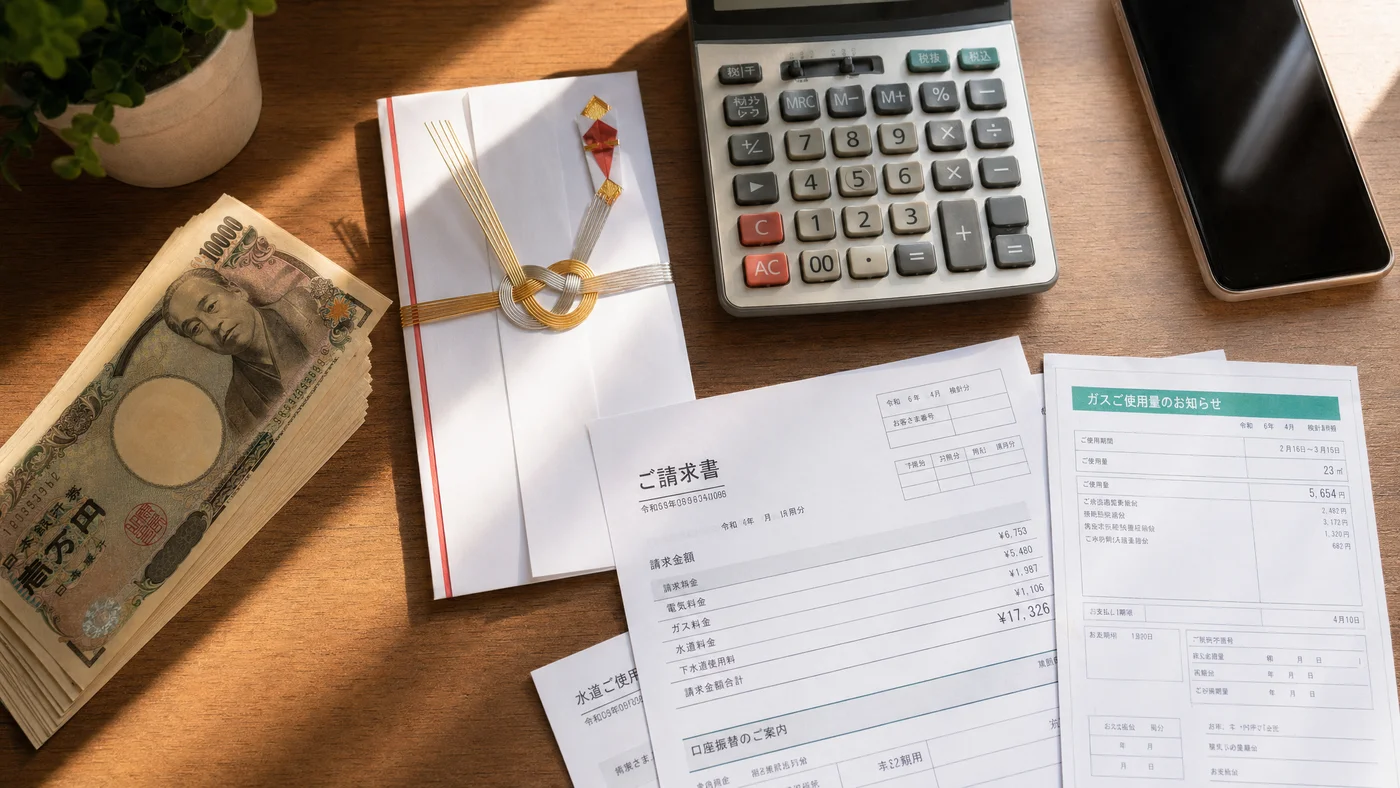 デスクに広げた請求書と1万円札の束、10万円規模の支出を考える場面