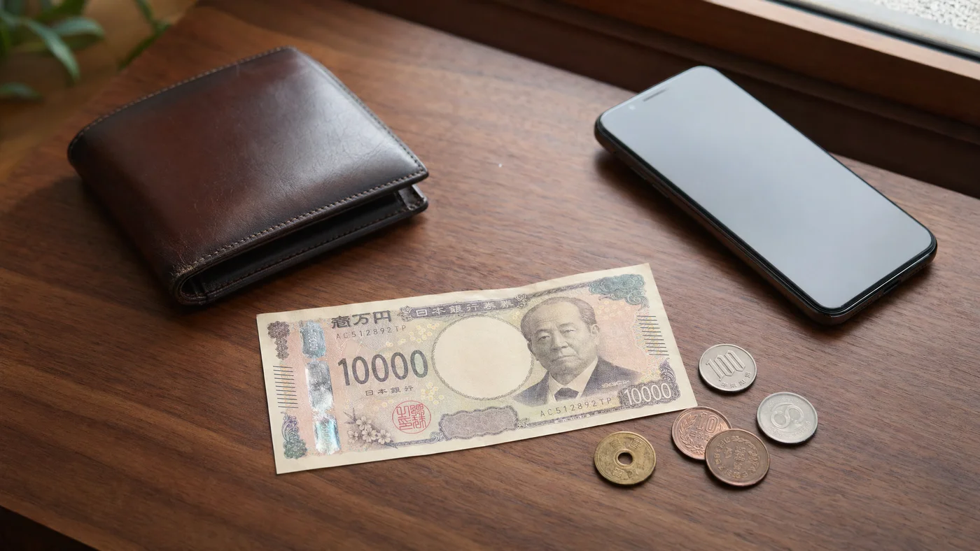 テーブルに置かれた財布と1万円札、即日資金調達の手段を考える場面