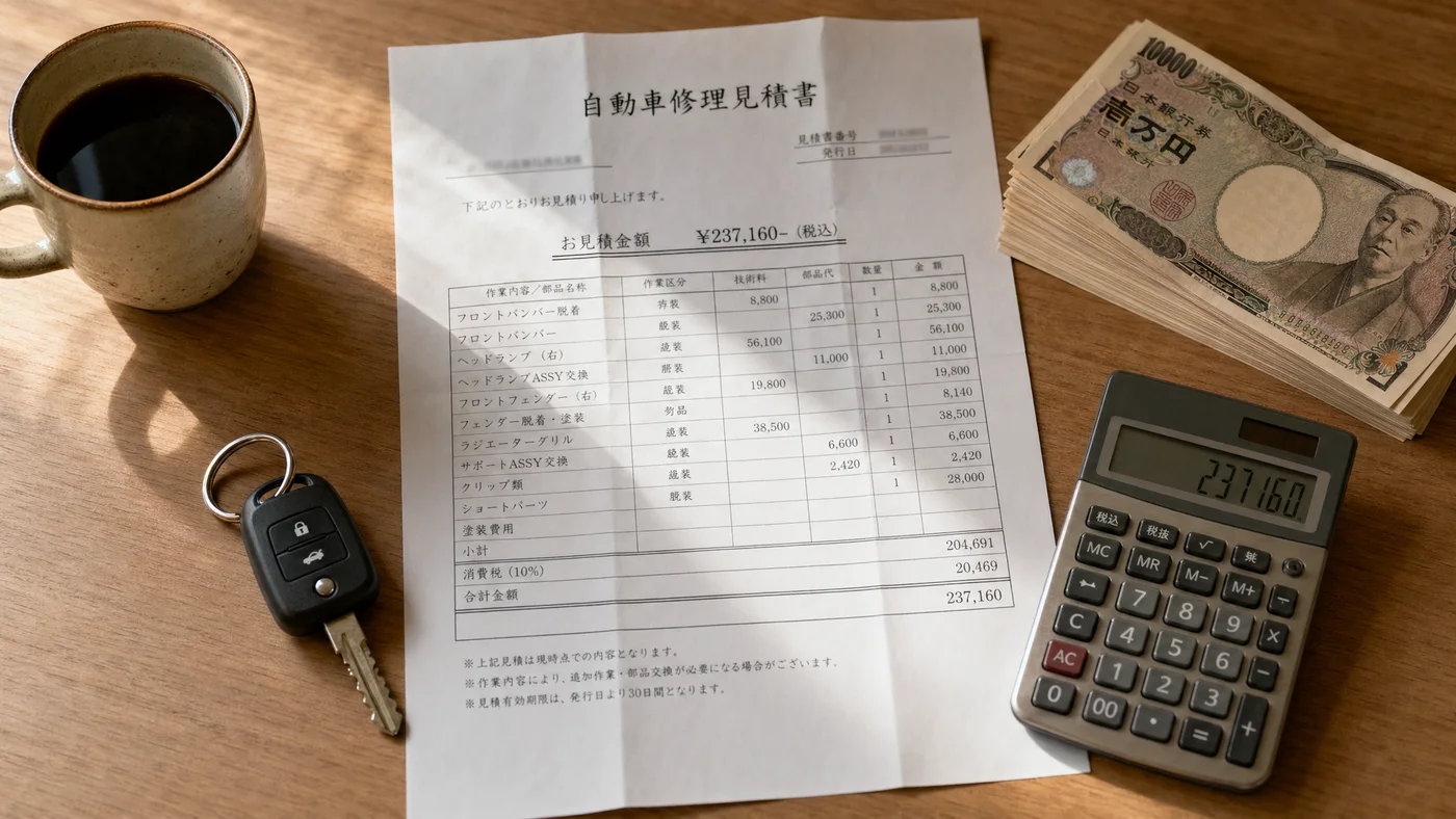 ディーラー見積書と車のキー、30万円の修理費に直面する場面