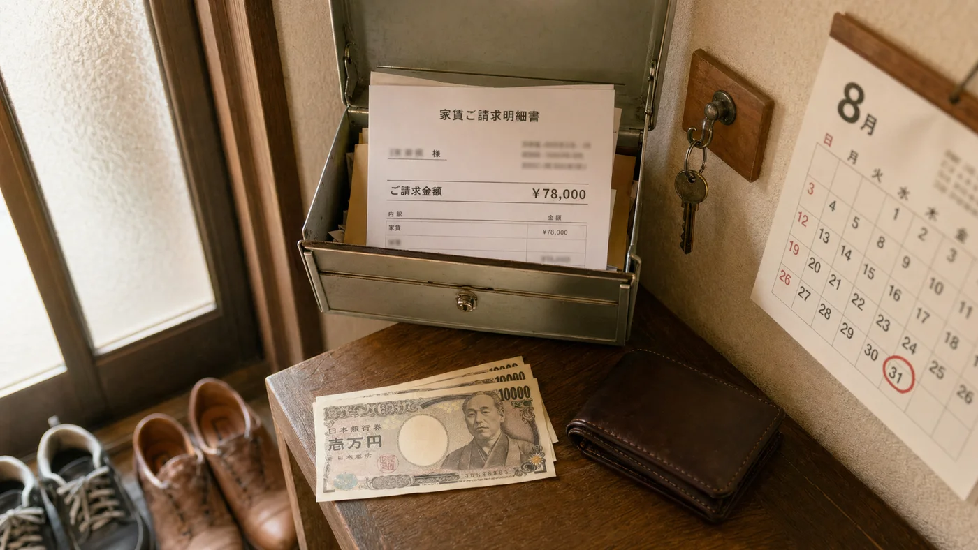 テーブルに置かれた家賃の請求書と財布、5万円を確保する現実的な選択肢