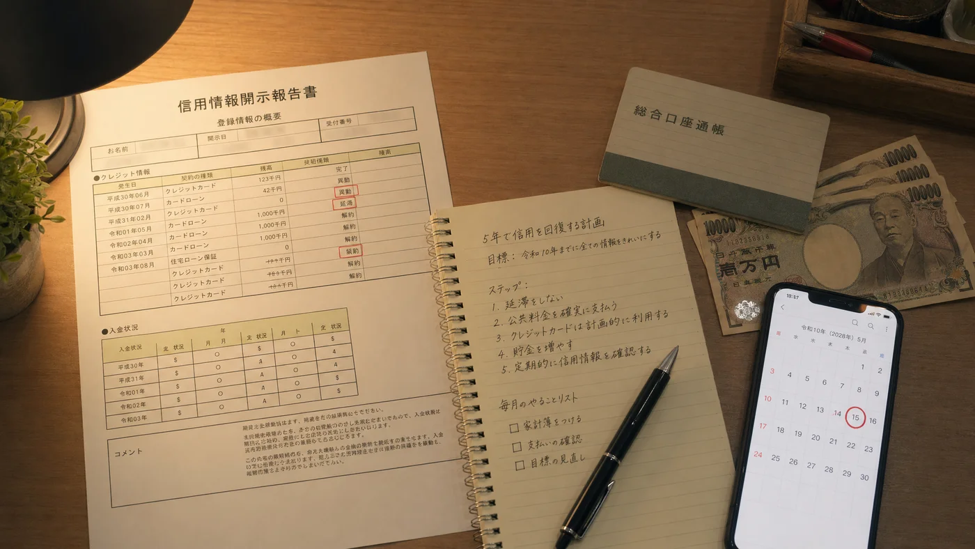 信用情報報告書と通帳、事故情報を整理する机