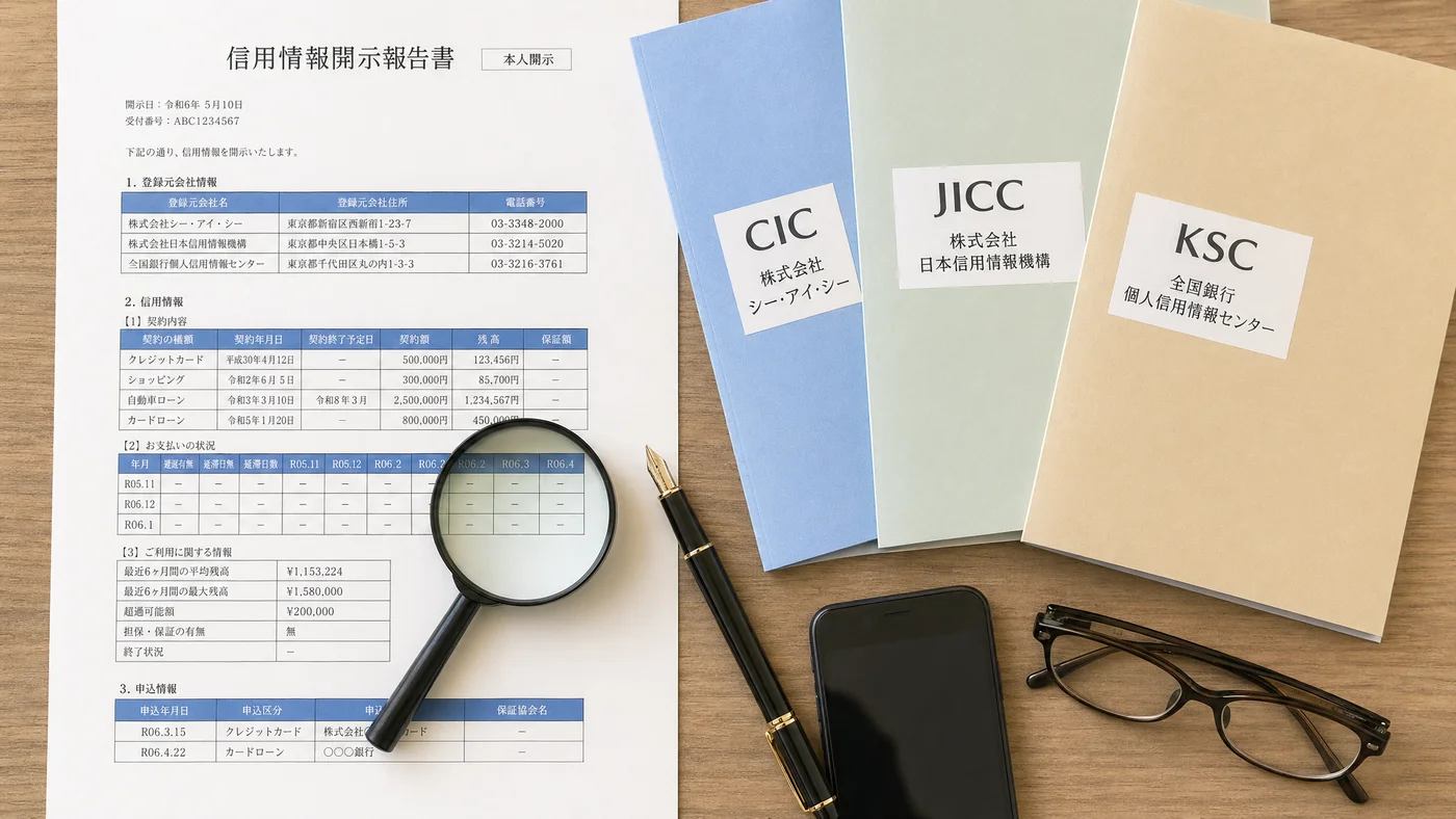 信用情報報告書と3社のロゴを比較する机