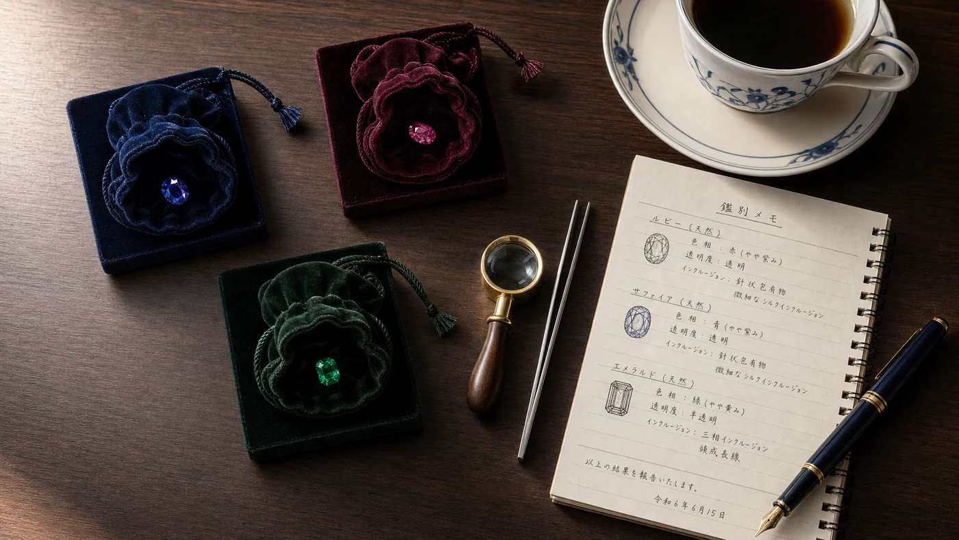 色石査定のイメージ:サファイア・ルビー・エメラルドのリングと鑑別書