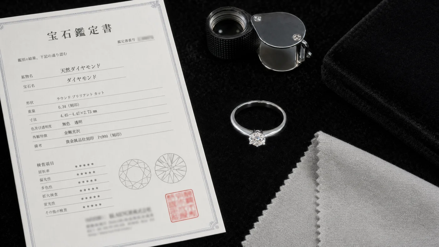 ダイヤモンドリングと鑑定書、ルーペが並ぶ机