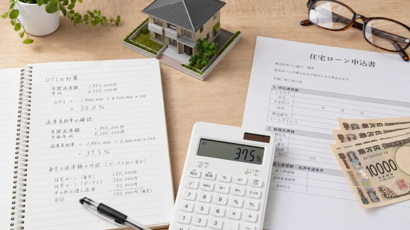 DTI計算ノートと電卓、住宅ローン申込書が並ぶデスク