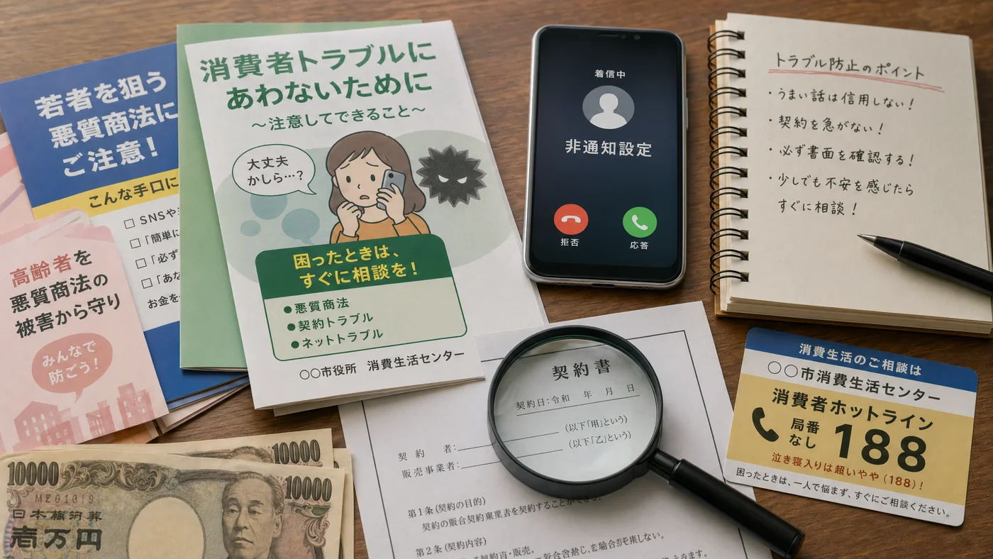 警察相談窓口の案内と契約書、詐欺被害の防止資料