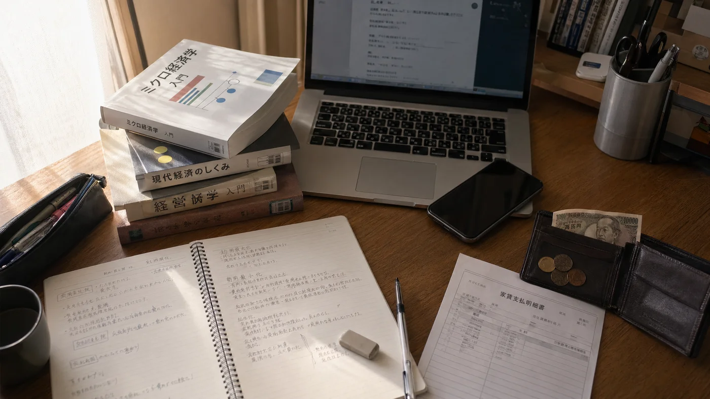 学生のデスクと教科書、財布、急な出費に困る場面