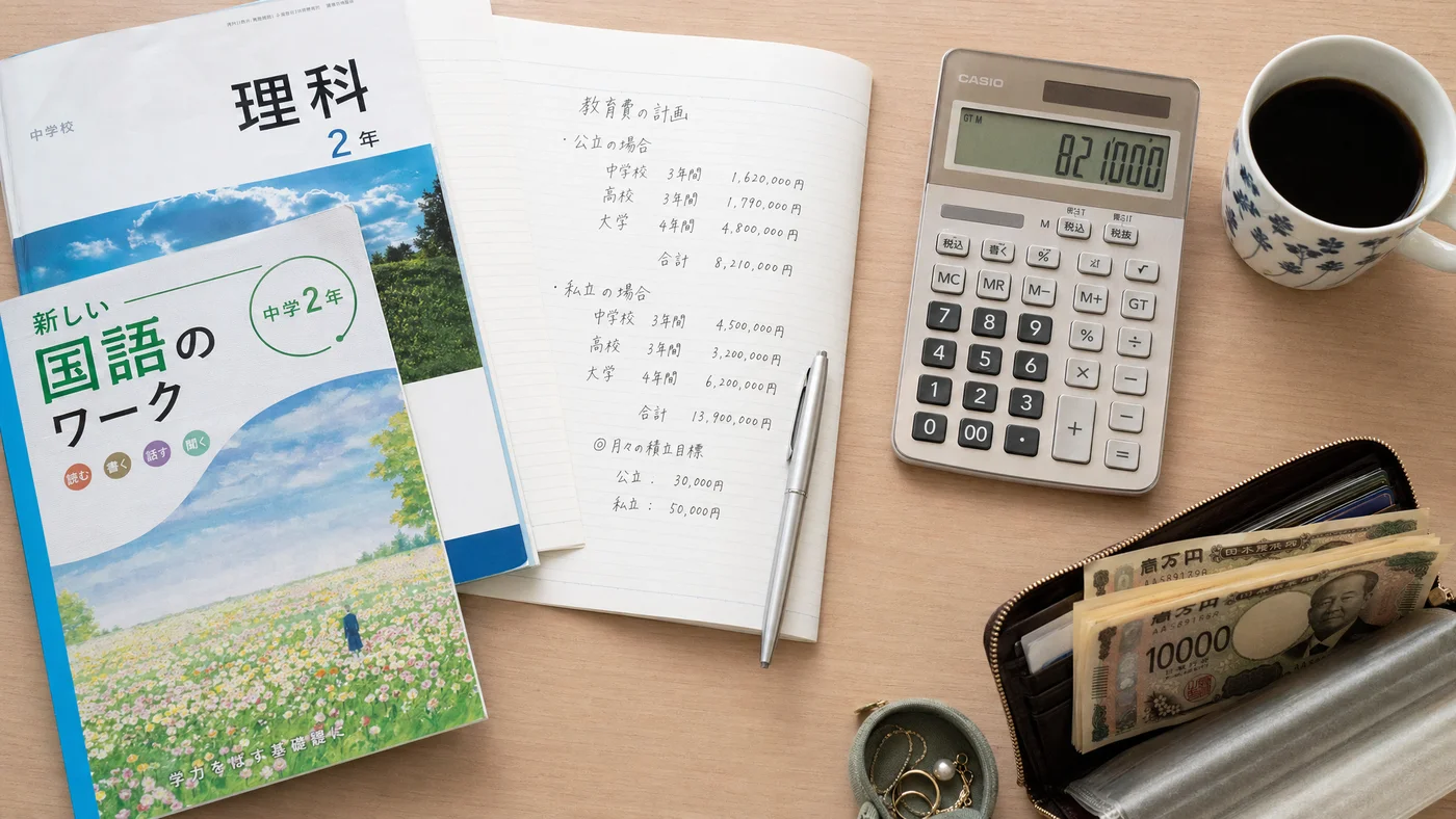 受験参考書と通帳、塾代の支払いを考える机