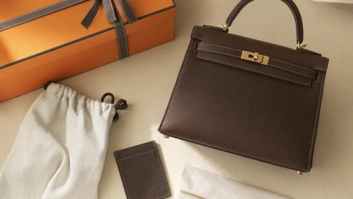 エルメス風レザーバッグと付属品、保存袋が並ぶ机