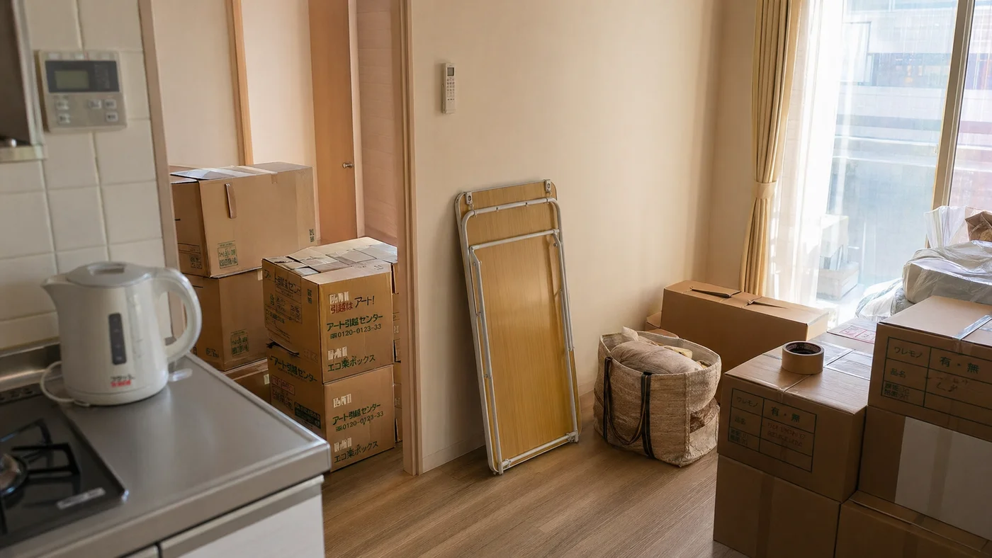 新生活の家具と段ボールが並ぶ部屋のイメージ