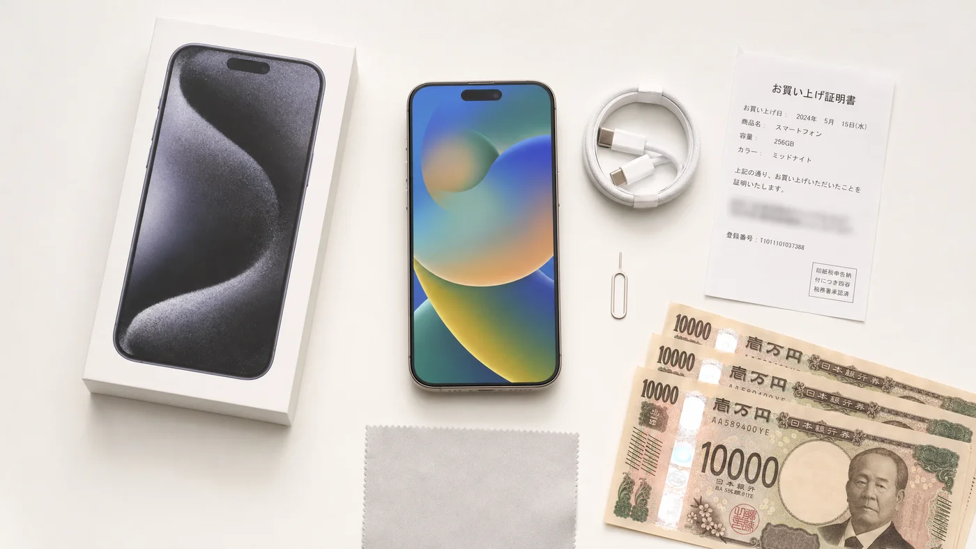 iPhoneと充電ケーブル、付属品が並ぶデスク、査定準備の場面
