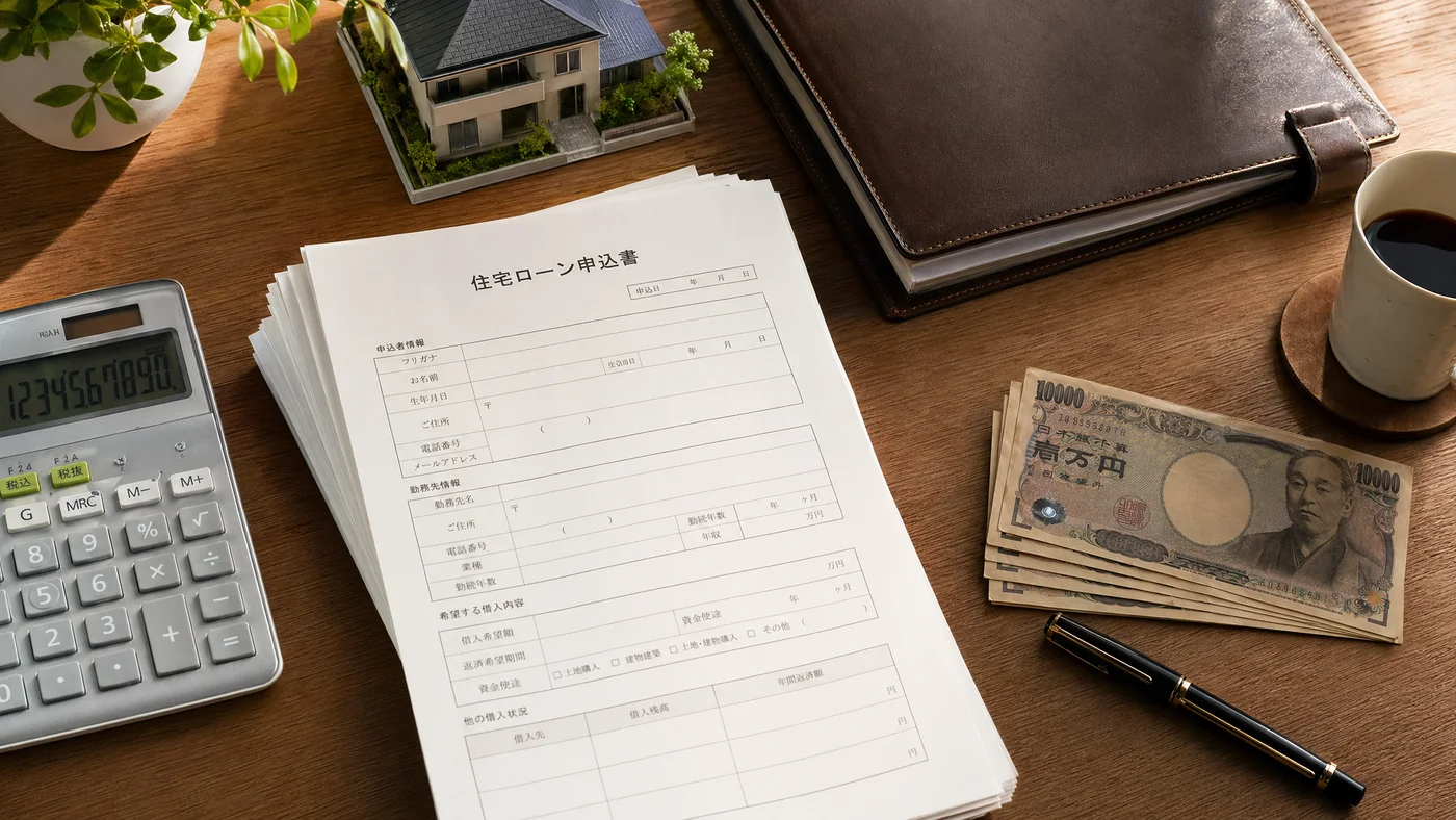 住宅ローン審査関連書類とデスク、購入を控えた家庭の場面