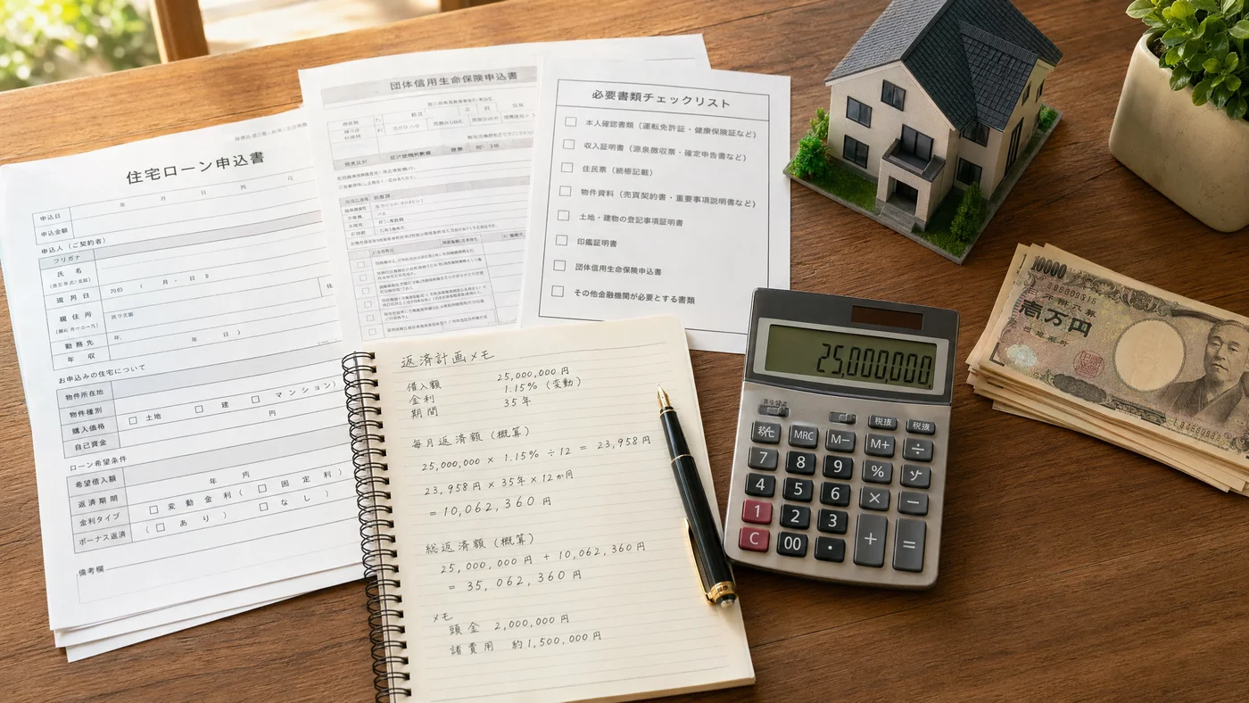住宅ローン審査前の借入整理に取り組むデスクと書類