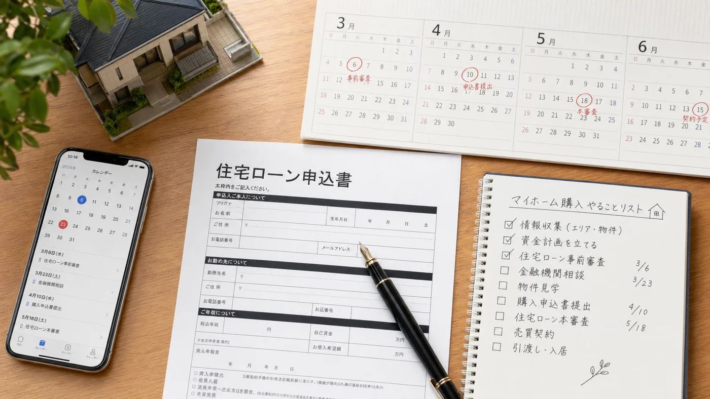 住宅ローン申込書とカレンダー、時期別の行動チェックリスト