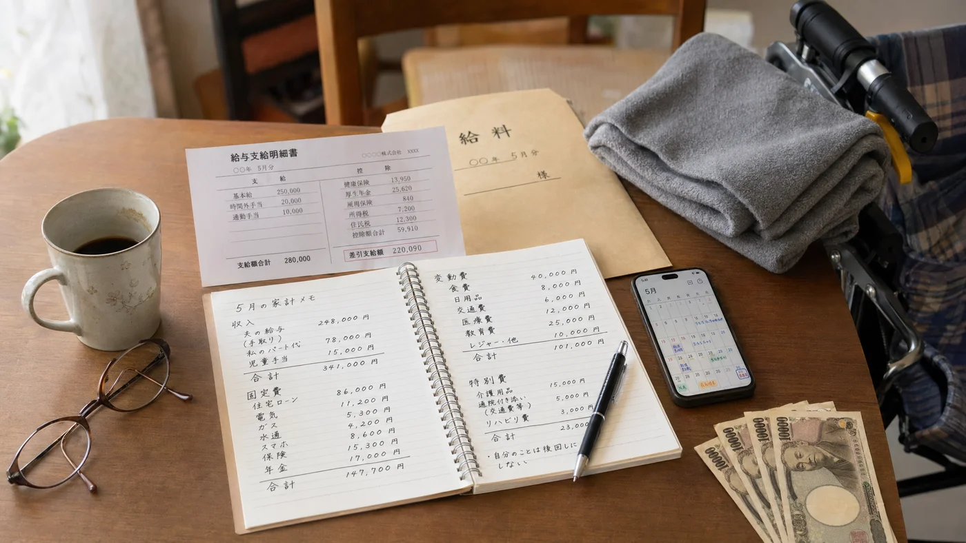 介護用品と家計簿、給与明細が並ぶデスク、介護と仕事の両立を考える場面