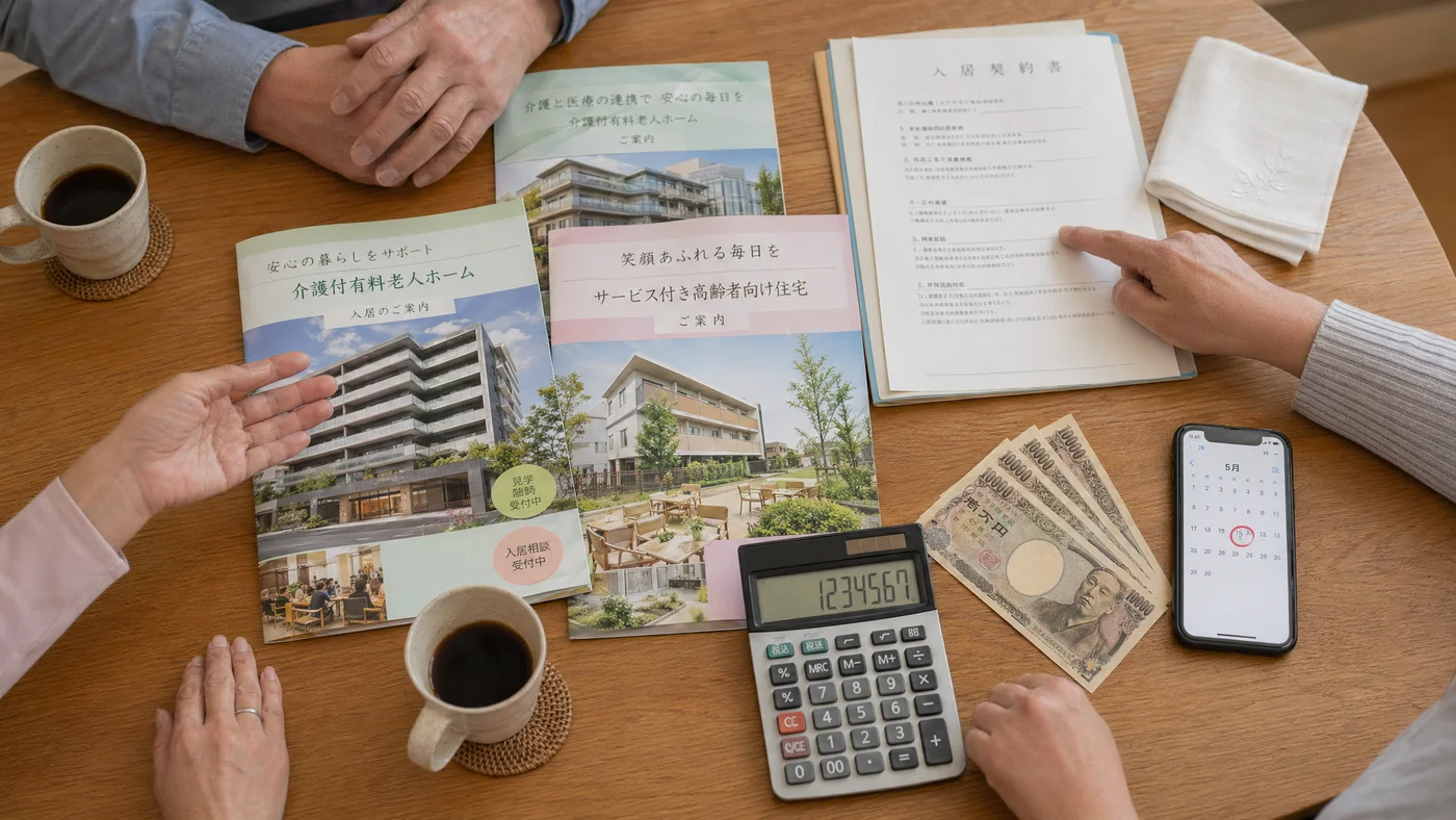 介護施設のパンフレットと家族で話し合う机の様子