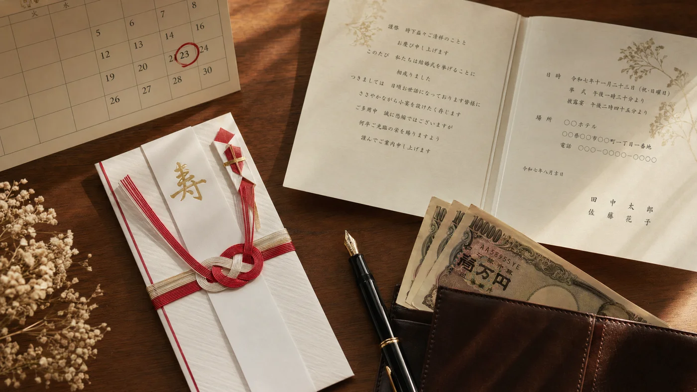 結婚式のご祝儀袋と財布、社会人2-3年目のご祝儀ラッシュの場面