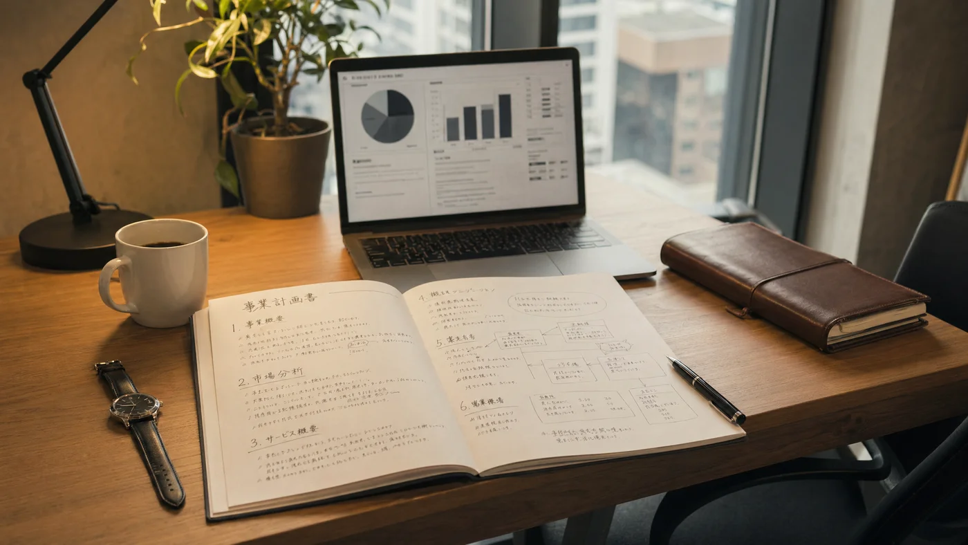 起業初期の経営者が事業計画書を見ながら資金繰りを考えるイメージ