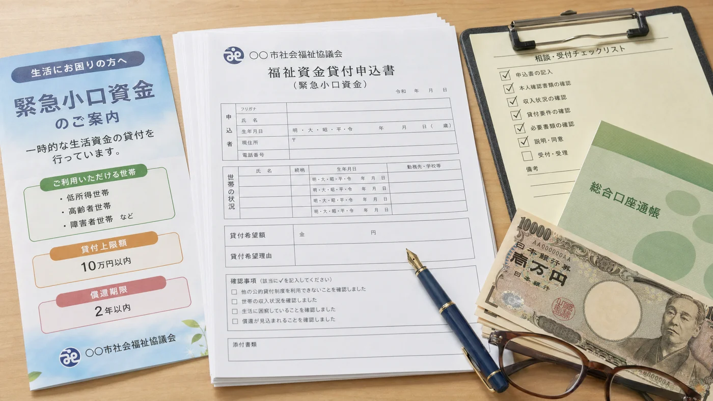 社会福祉協議会の申請書類と説明資料、公的支援を整理する机