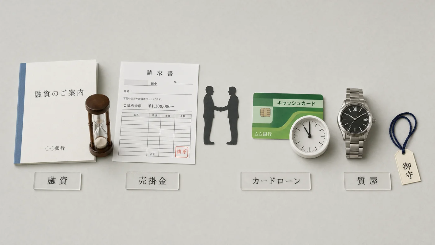 銀行融資・ファクタリング・カードローン・質屋の4手段を比較した一覧