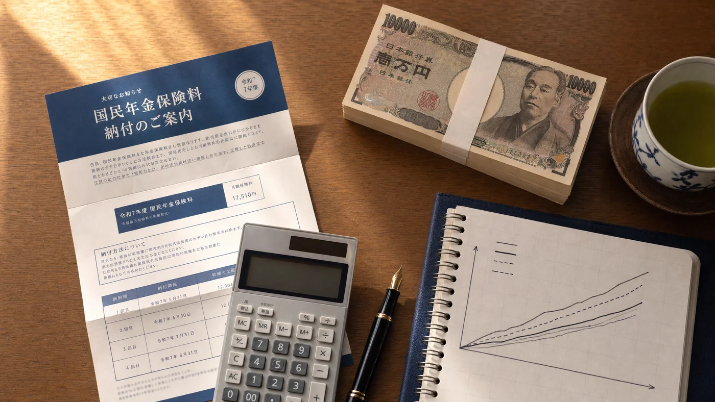 国民年金追納のイメージ:年金手帳と納付書、カレンダーで期限を確認する様子