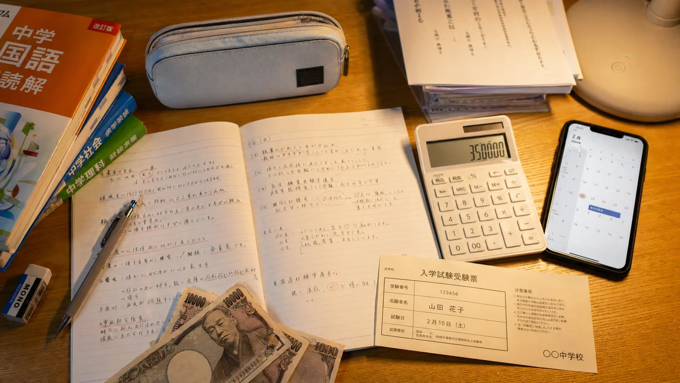受験票と参考書、ノートと電卓が並ぶ机上、教育費を計算する場面