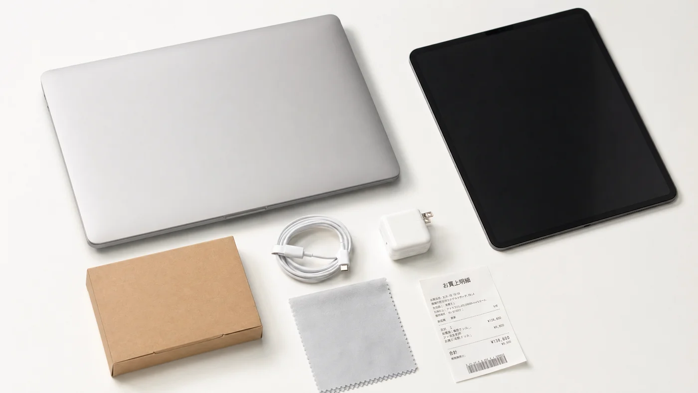 MacBookとiPad、純正充電器・付属品が並ぶ机