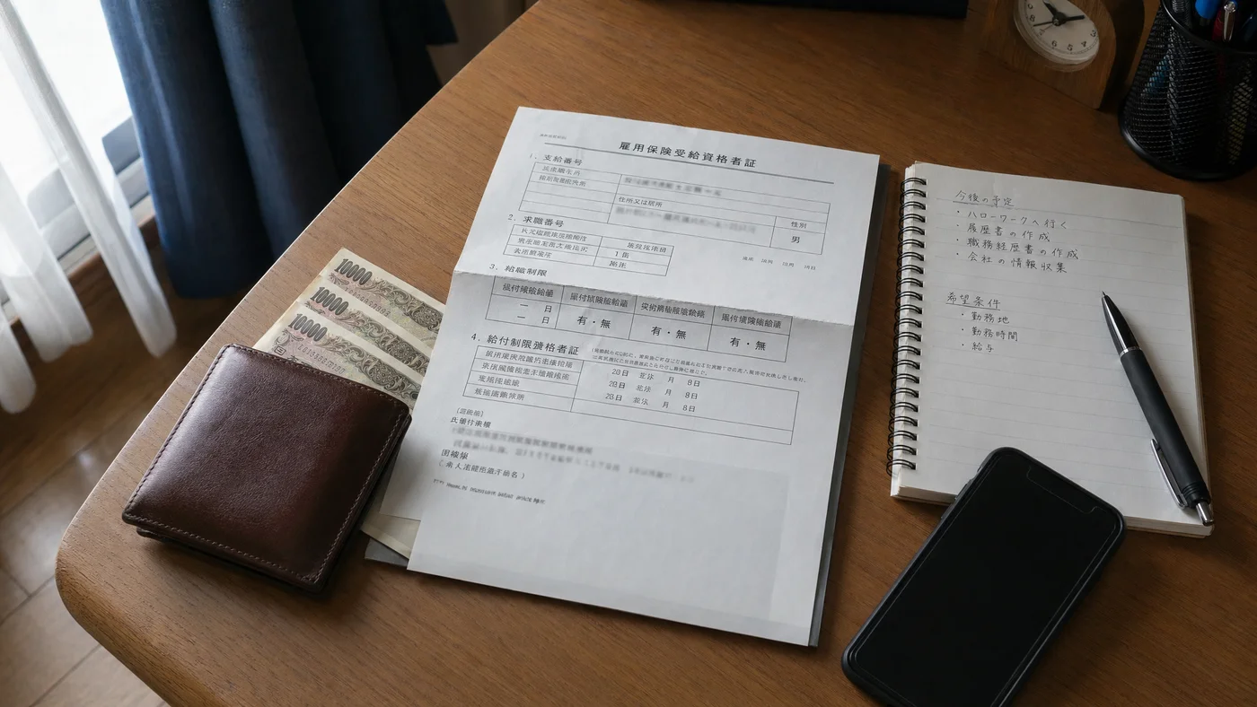 失業中の生活費に悩む人のデスクと公的支援の案内資料