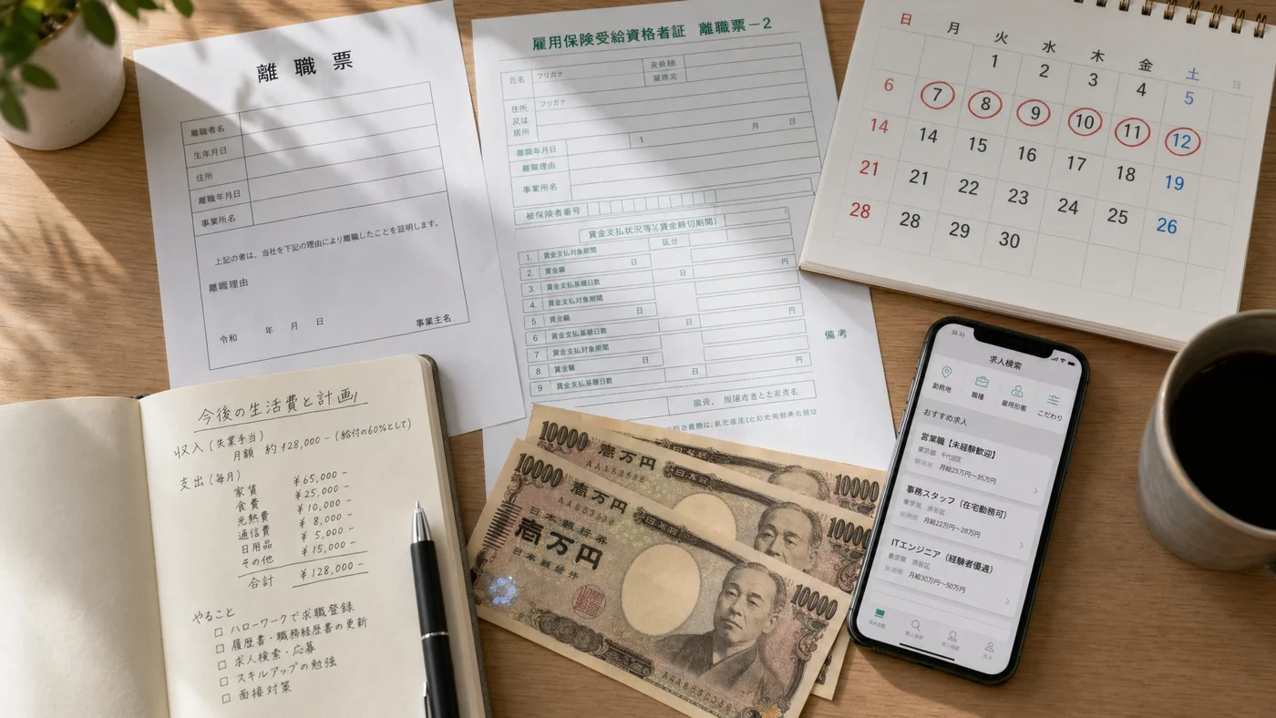 離職票と失業給付申請書、家計簿で資金計画を考える机