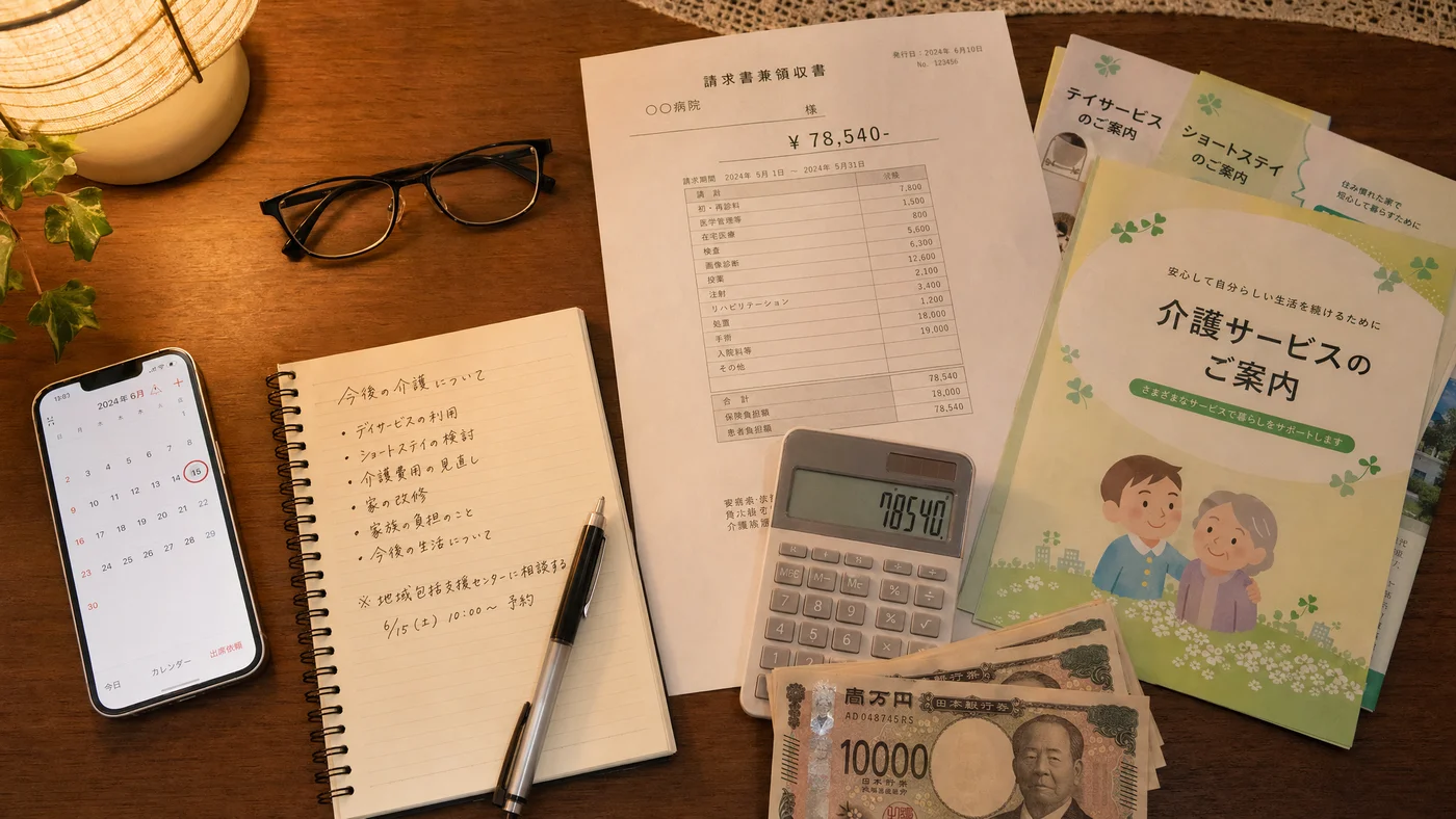 病院の請求書と介護パンフレット、家計を整理する場面