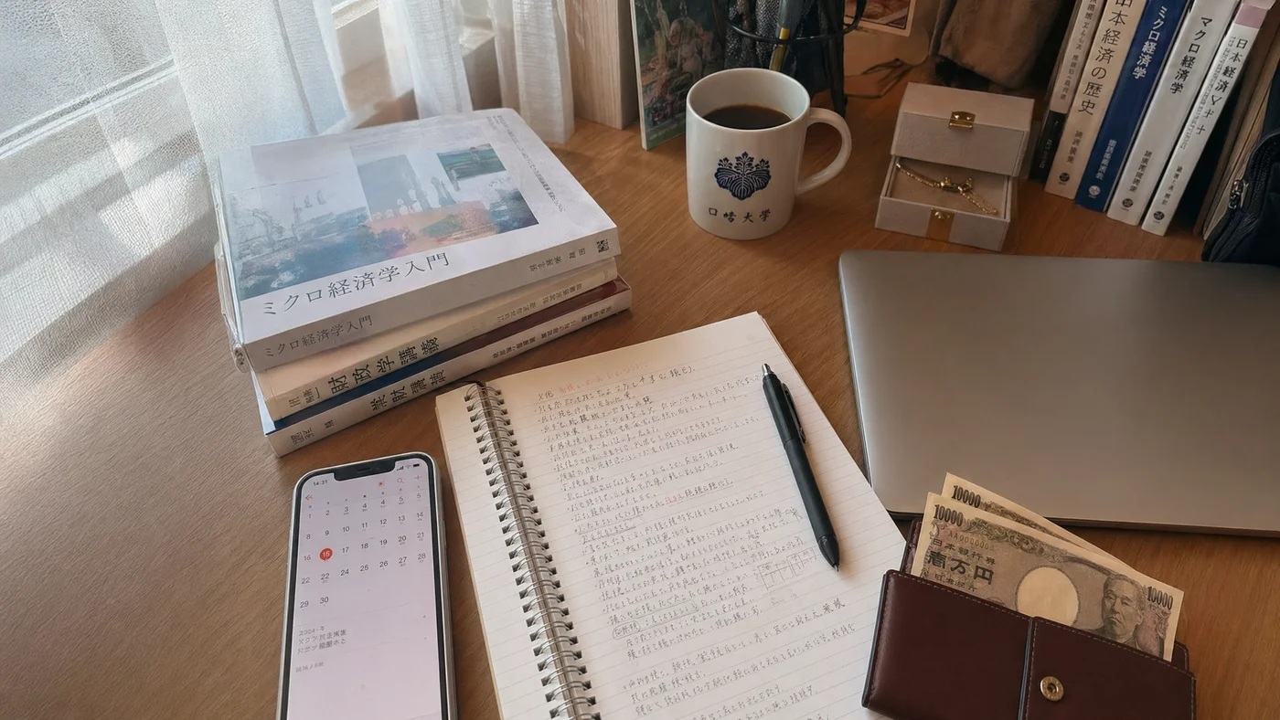 学生の自室、机にスマホと参考書、家計簿で資金繰りを考える場面
