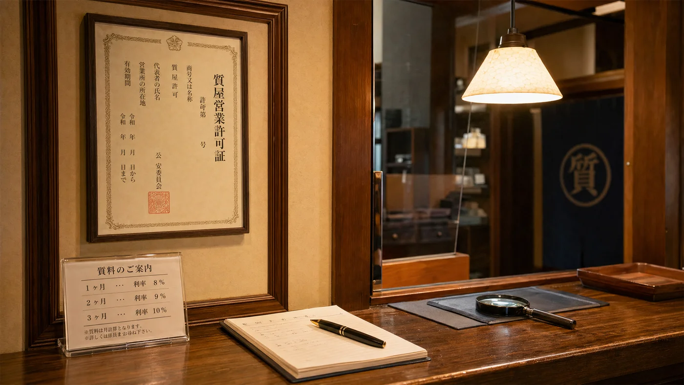 店舗の許可証と看板、質屋を選ぶ場面