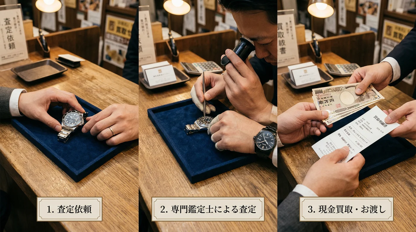 質屋利用の3ステップ:持ち込み→査定・現金受取→返済で品物を取り戻す