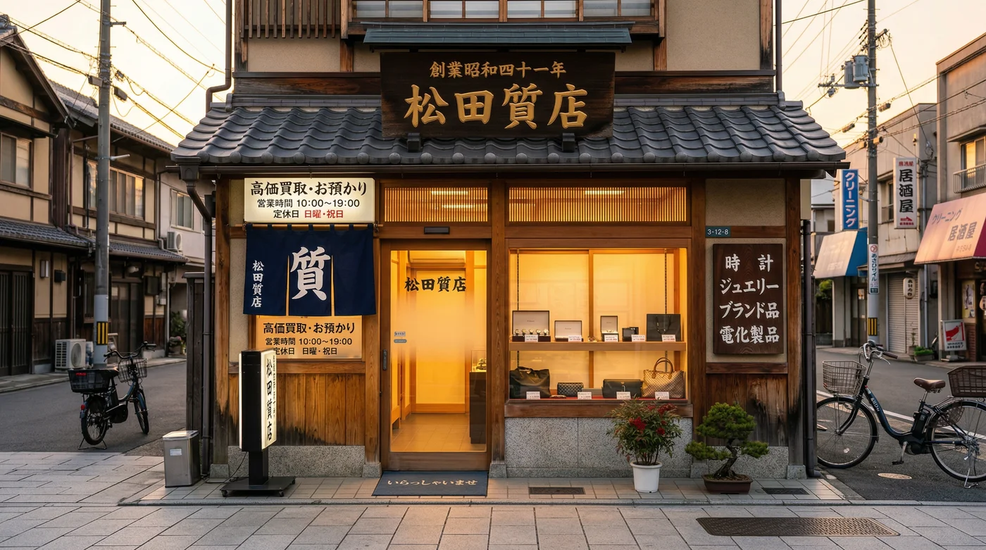 質屋ガイド:伝統的な質屋の店構えを表現したイラスト