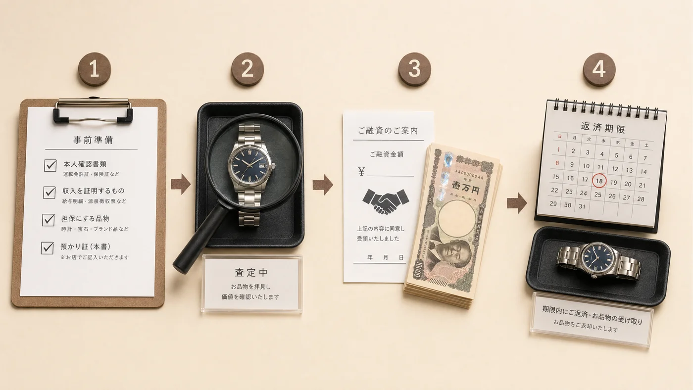質屋利用の4ステップフロー図