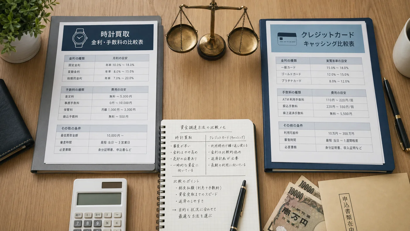 質屋と消費者金融の比較資料を見比べる机