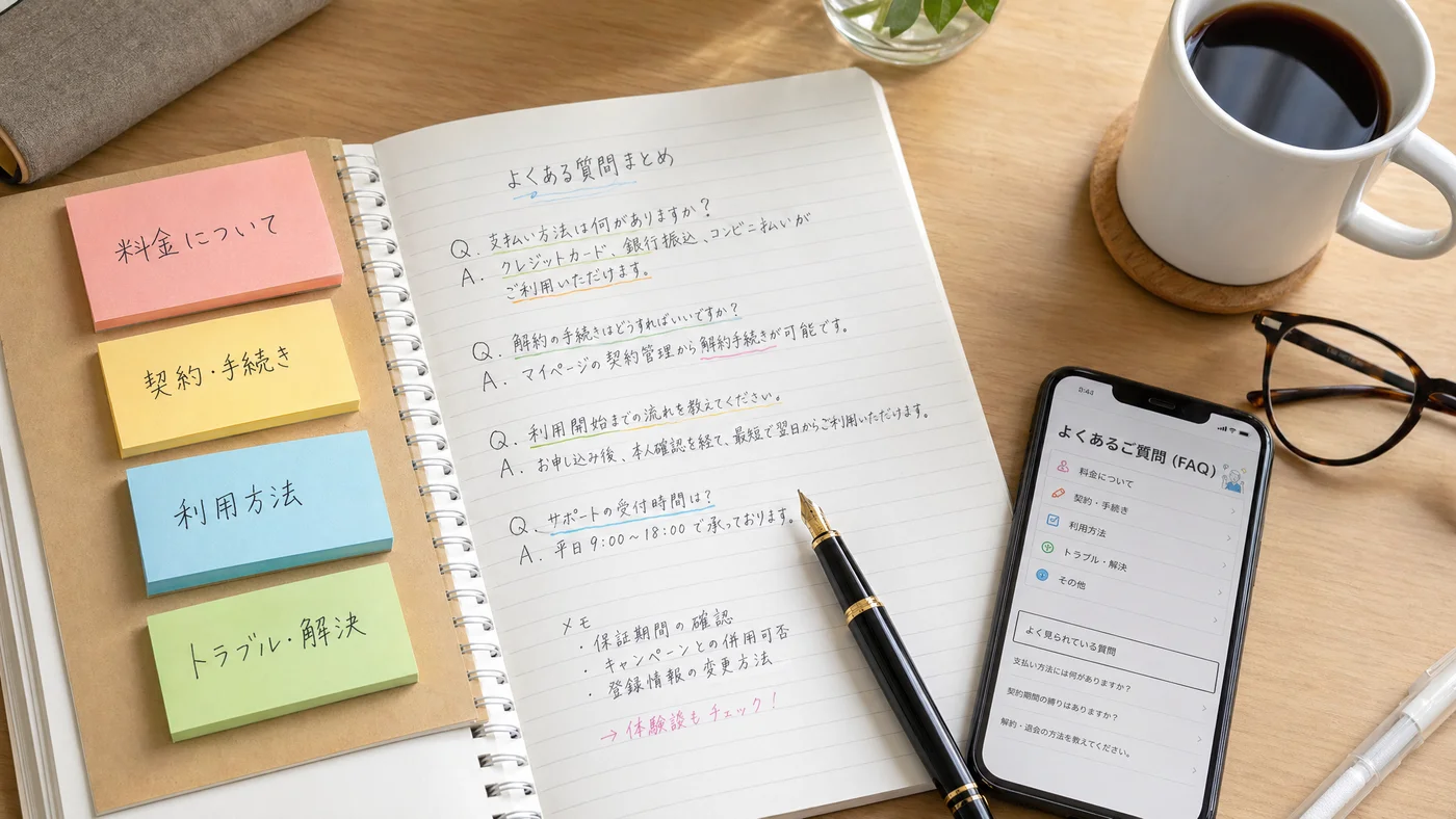 質問リストとペン、Q&Aを整理する机