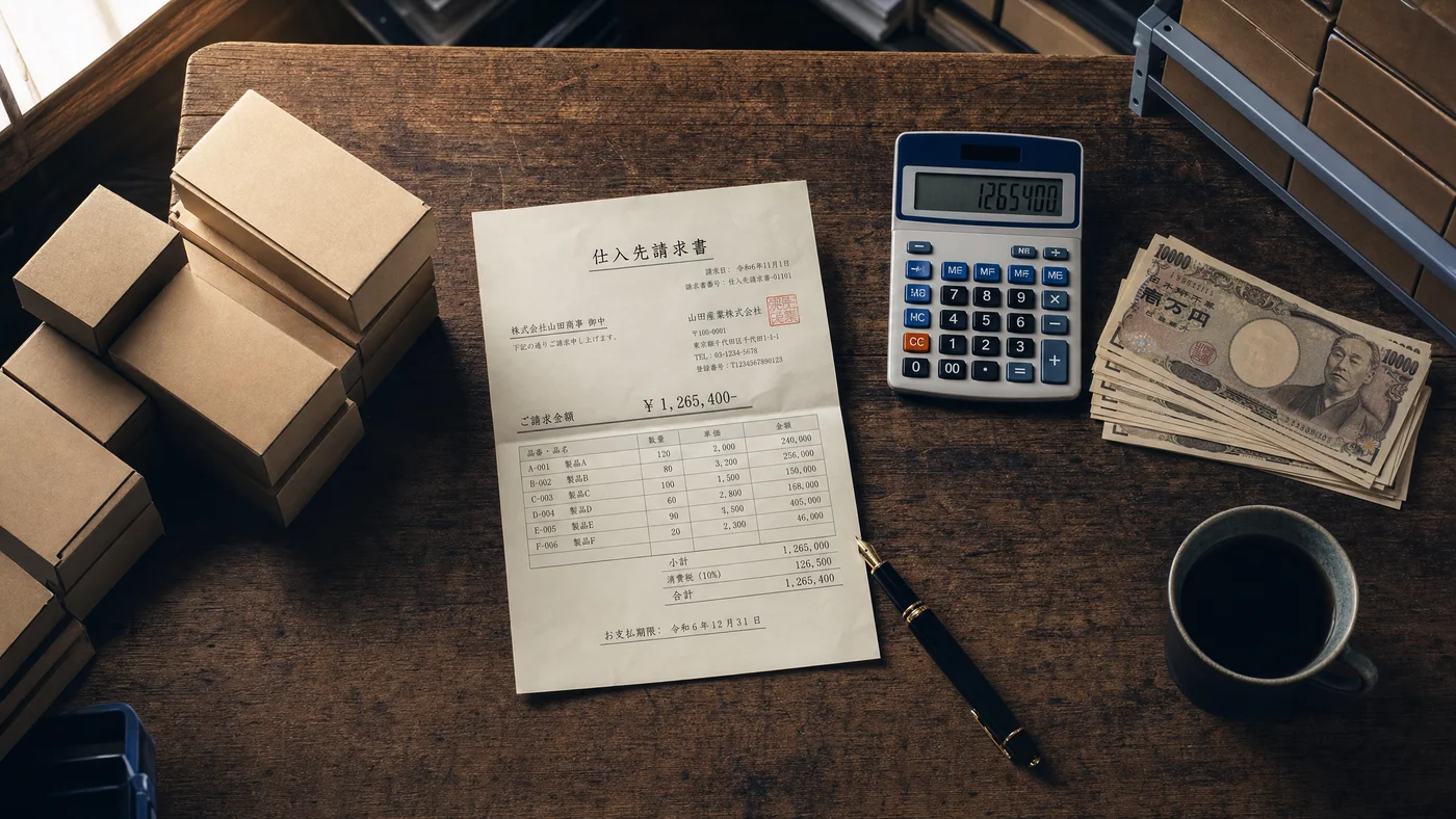 値上げ告知書と在庫リストを比較しながら先行発注を判断する個人事業主のデスク