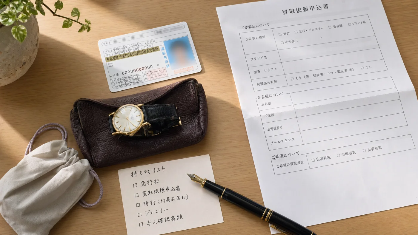 本人確認書類と品物、質屋利用の準備が並ぶ机