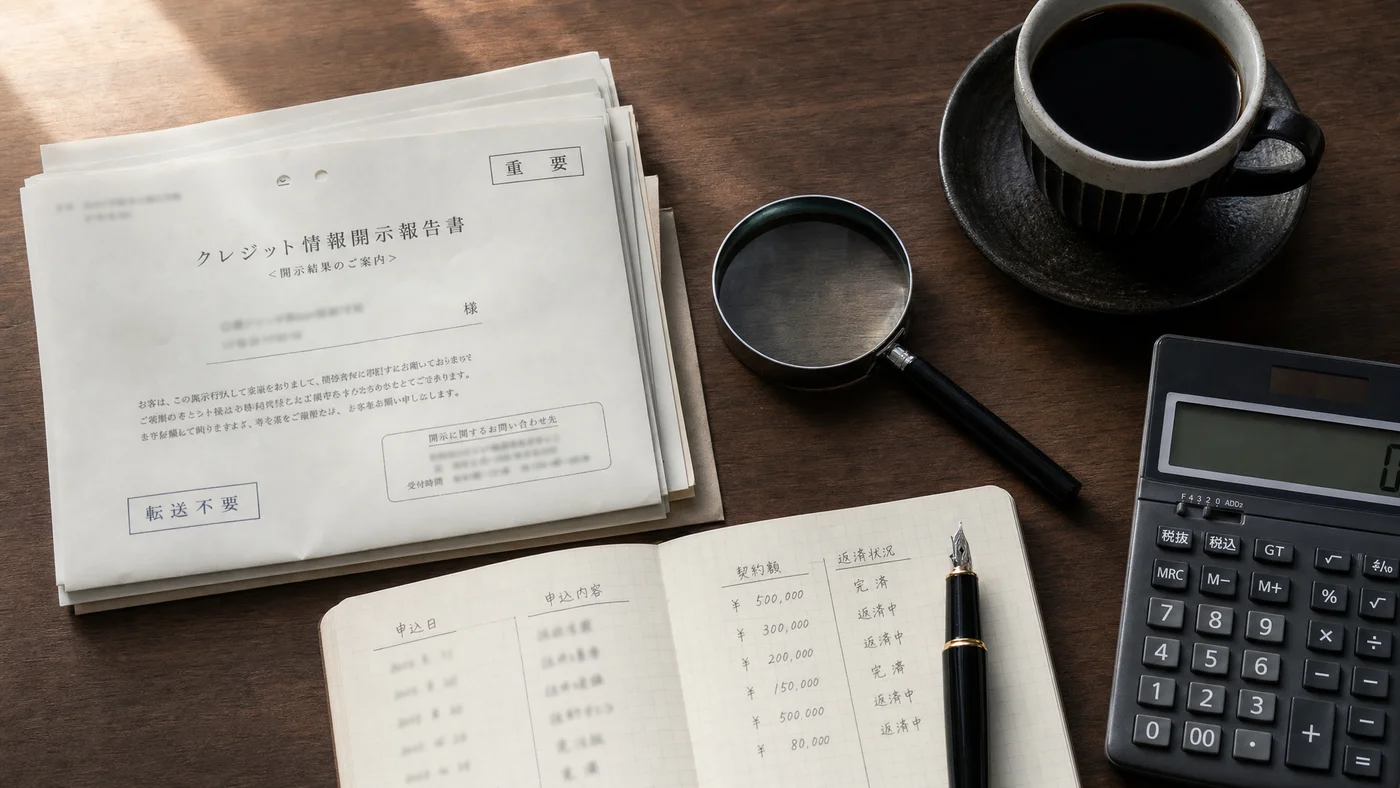 信用情報の開示請求書類を整理するイメージ
