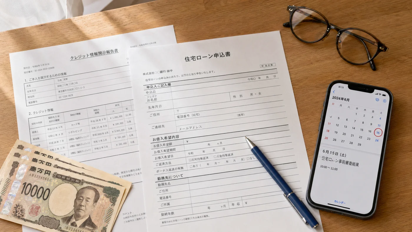 クレジットカードと住宅ローン書類、信用情報報告書が並ぶデスク