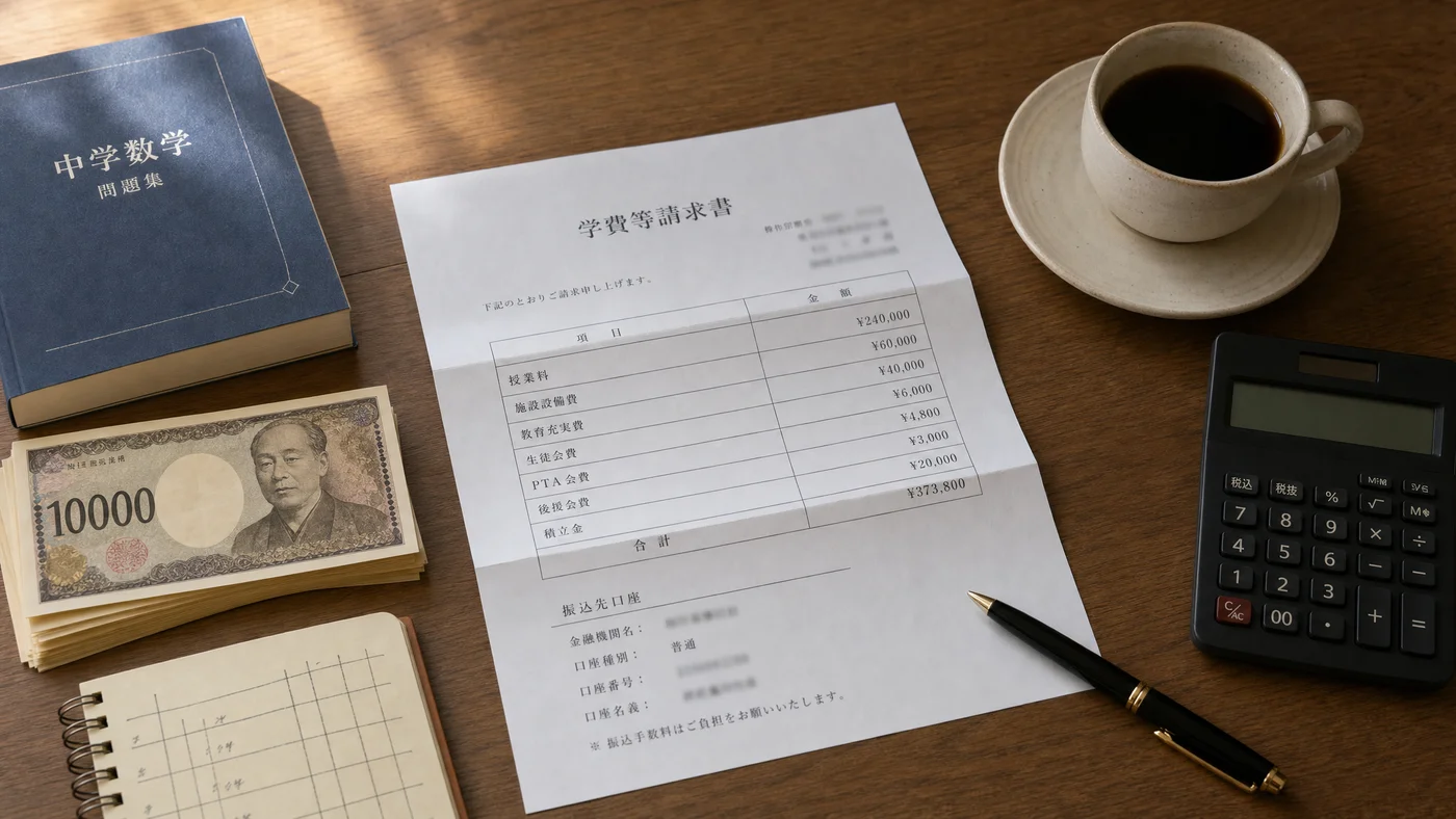 私立高校の学費納付期限を前に書類と通帳を確認する保護者