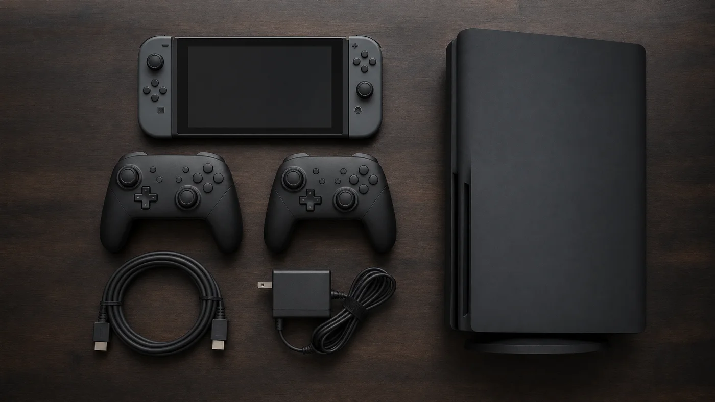 Nintendo SwitchとPlayStation 5本体・コントローラー・元箱が並ぶ机のイメージ