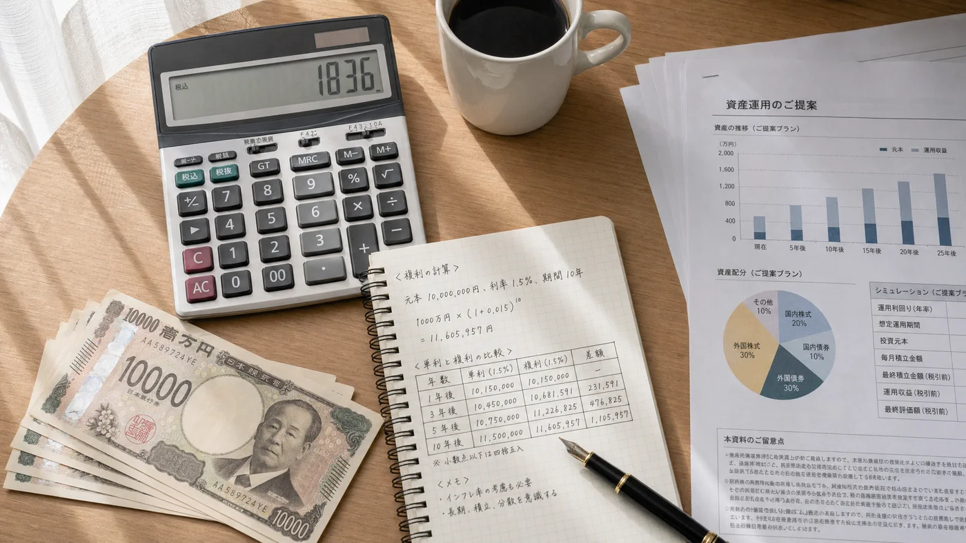 電卓と紙幣、計算ノートが並ぶデスク、利息を計算する場面