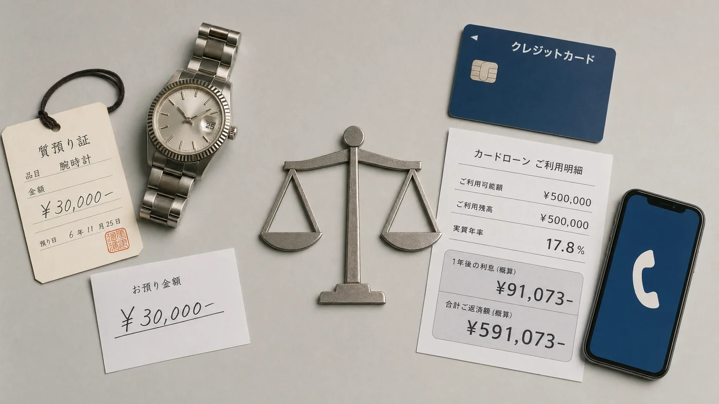質屋とカードローンの実額利息比較ビジュアル