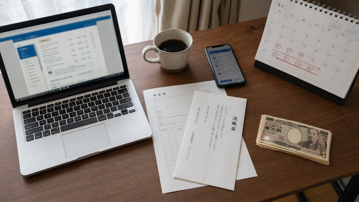 退職後のデスクと履歴書、転職活動中の生活費を考える場面