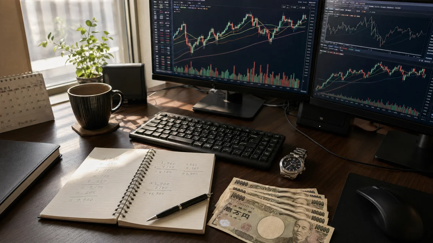 株価チャートを見ながら投資判断する個人投資家のデスクと現金