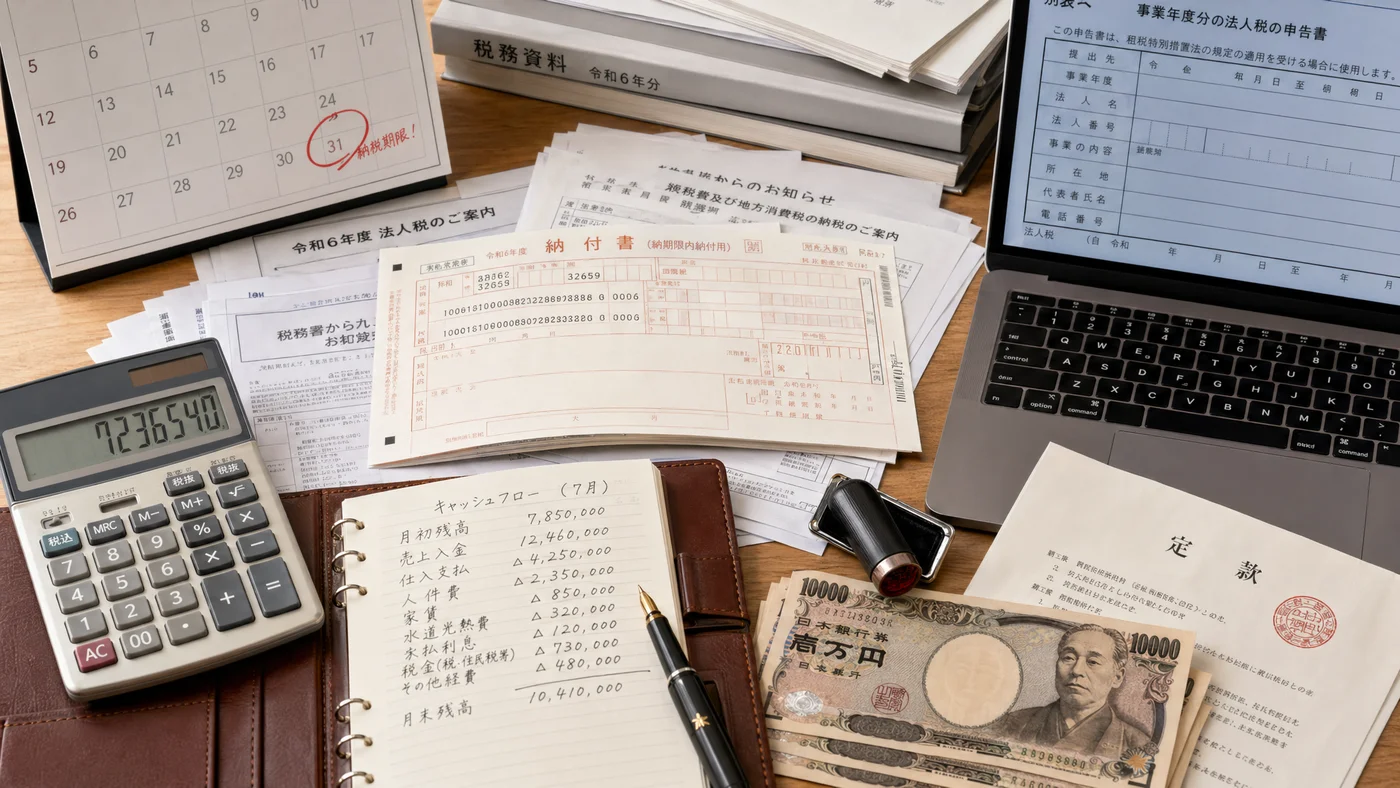 納付書と通知書、電卓を前にした経営者の机